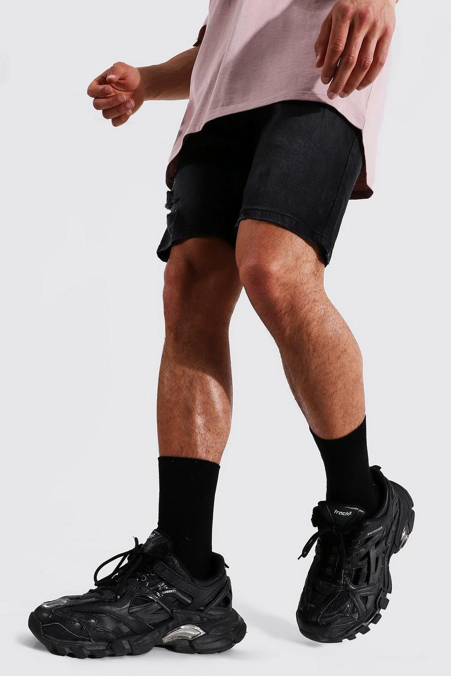 Pantaloncini in denim Skinny elasticizzato con smagliature, Washed black image number 1
