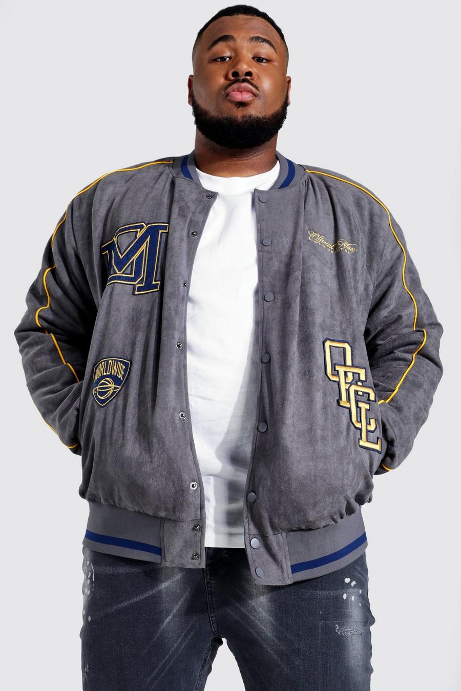 Charcoal Plus Suedette Varsity Jacket With Piping image number 1