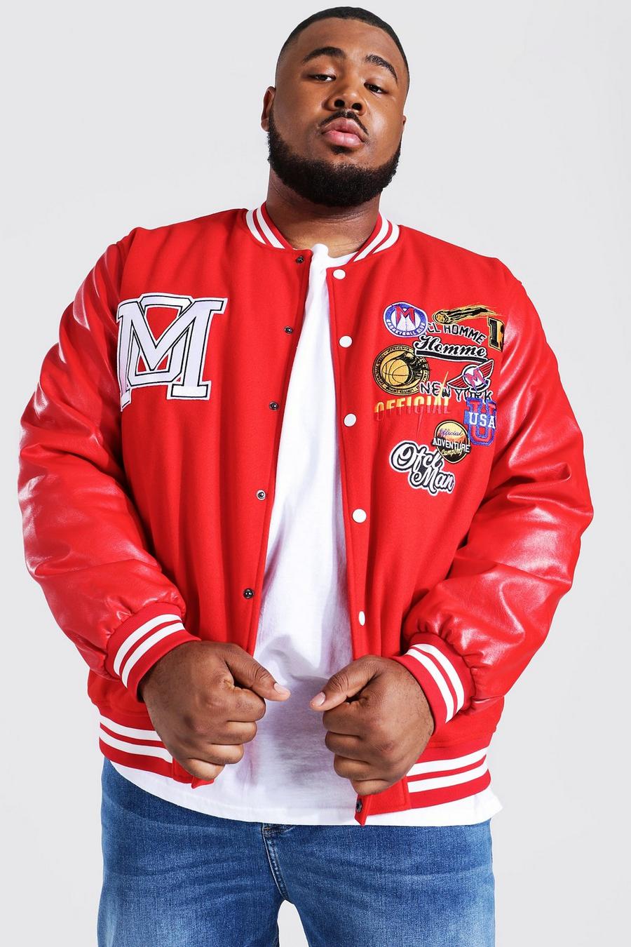 Giacca Bomber Plus Size Offcl Homme stile Varsity con vari stemmi, Red image number 1