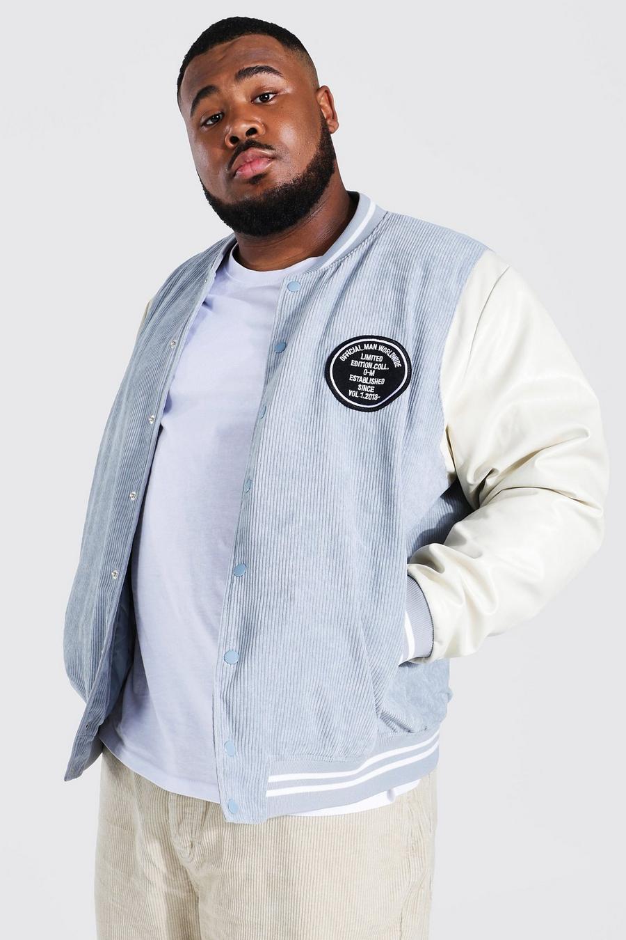 Giacca bomber Plus Size stile Varsity in velluto a coste con stemma Man, Light blue image number 1