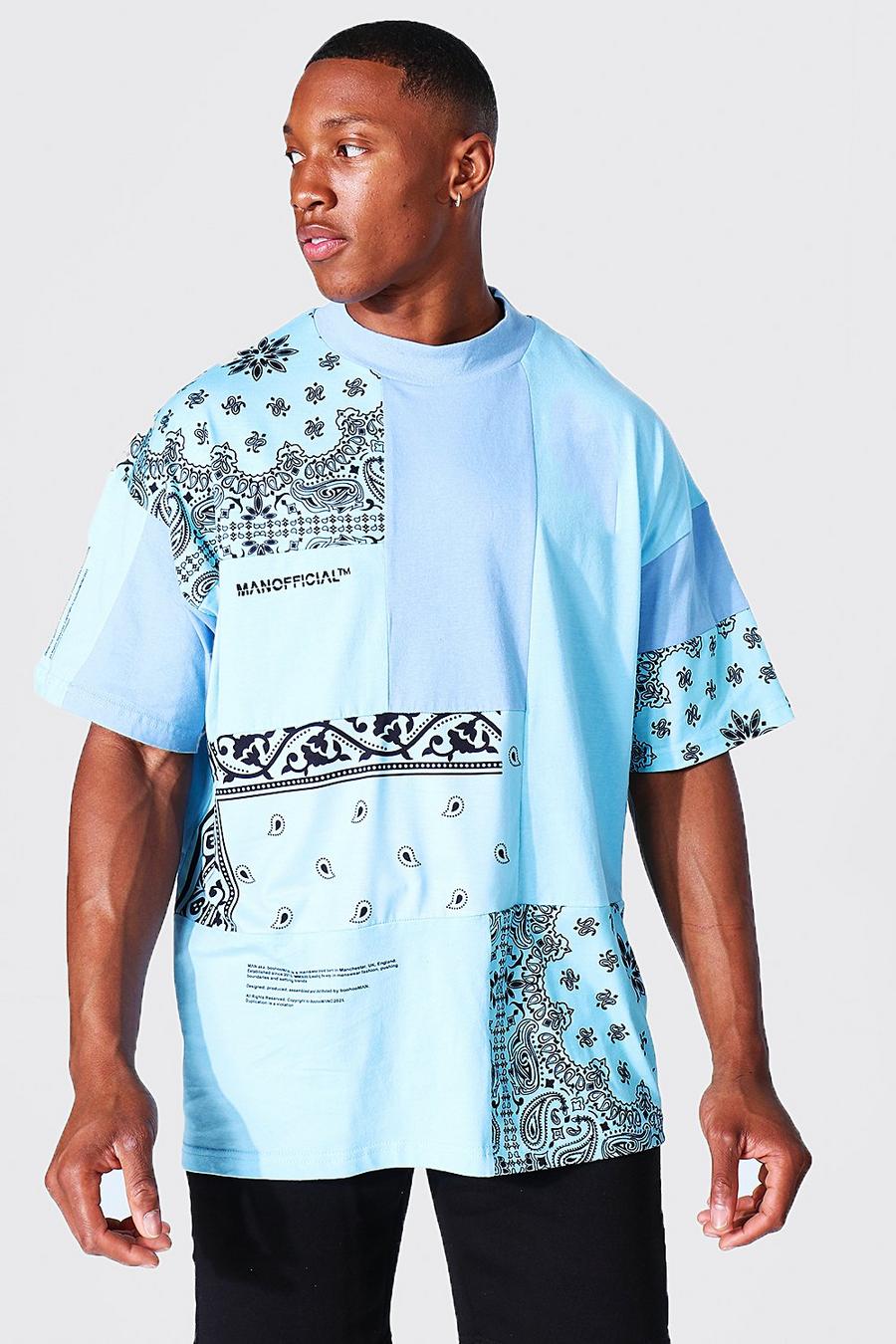 T-shirt oversize à encolure dégagée effet patchwork, Bleu clair image number 1