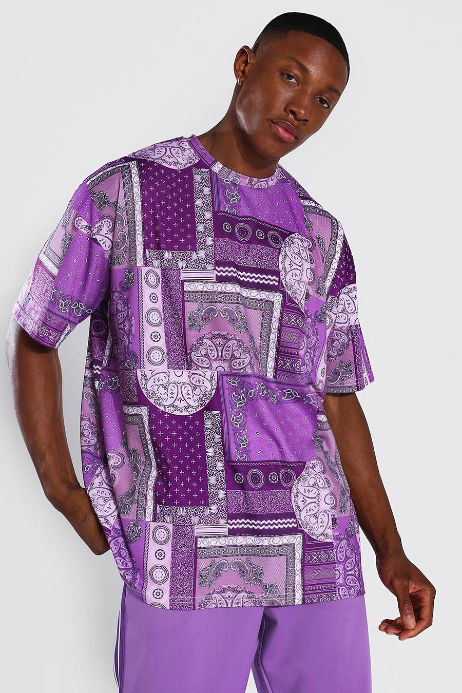 Purple Oversize t-shirt med bandanamönster och patchwork image number 1
