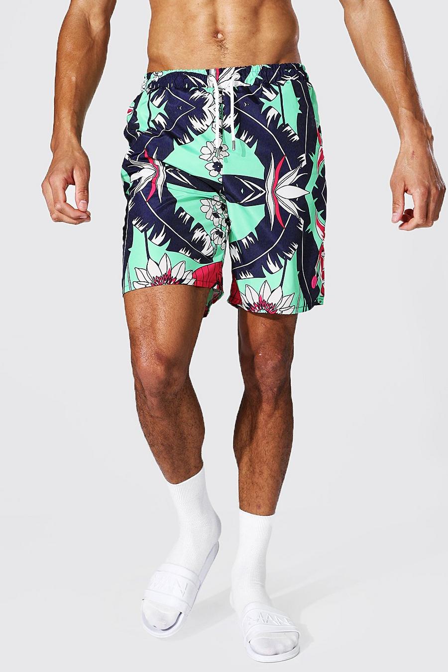 Green Tall Floral Mid Length Swim Short image number 1