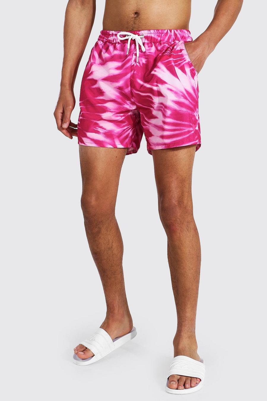 Pink Tall Swirl Tie Dye Short Length Swim Shorts image number 1