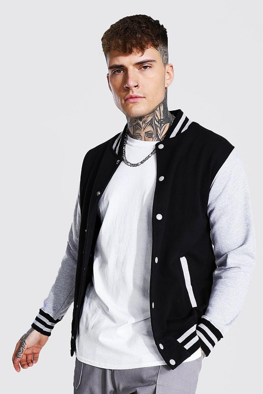 Bomber in stile varsity in jersey a coste sportive, Nero image number 1