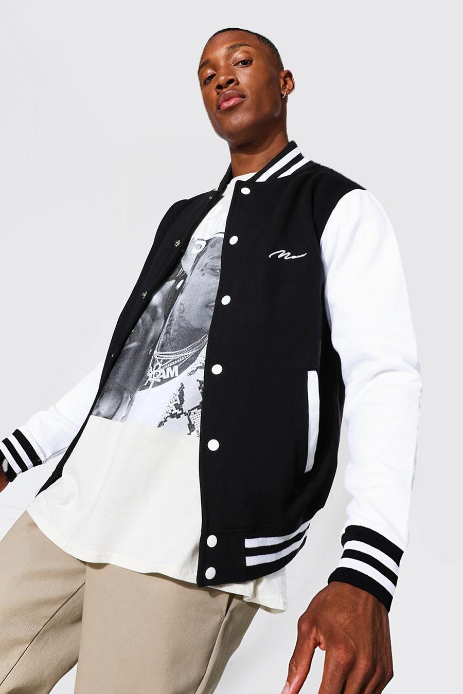 Bomber stile varsity in jersey con firma MAN, Nero image number 1