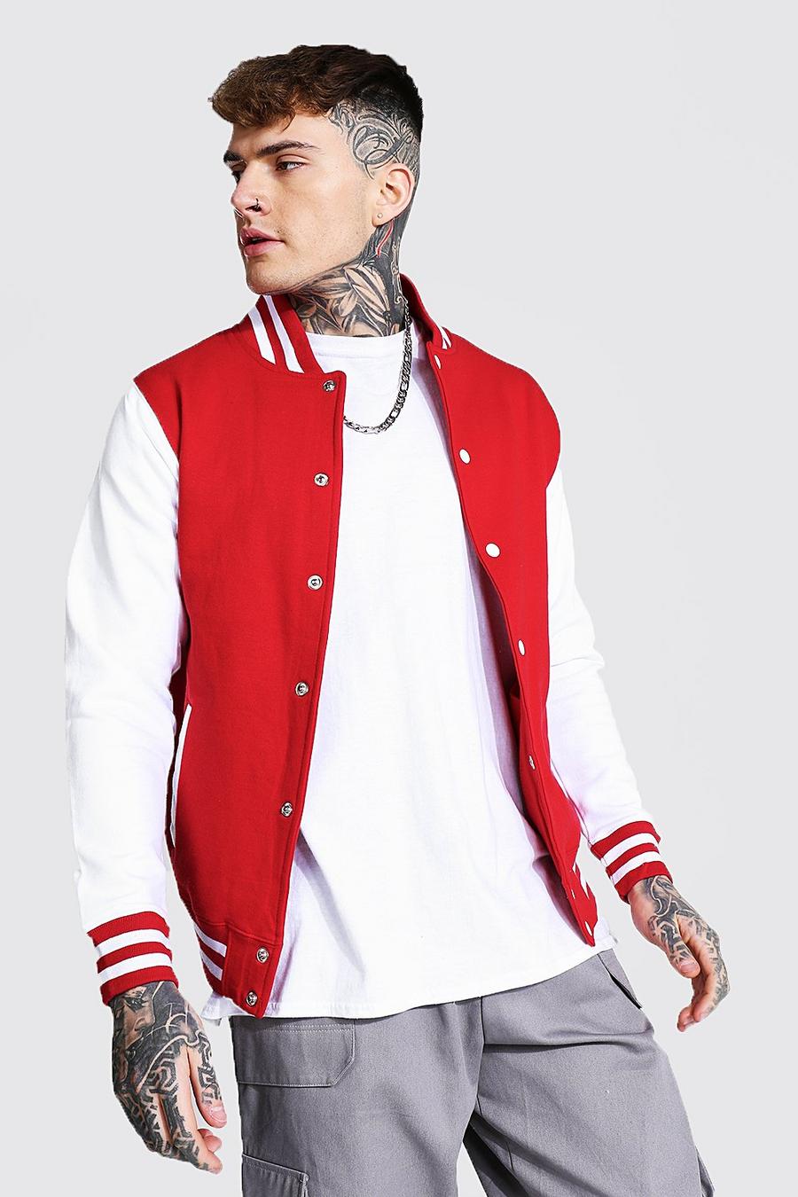 Red Jersey Varsity Bomber Jacket With Sports Rib image number 1