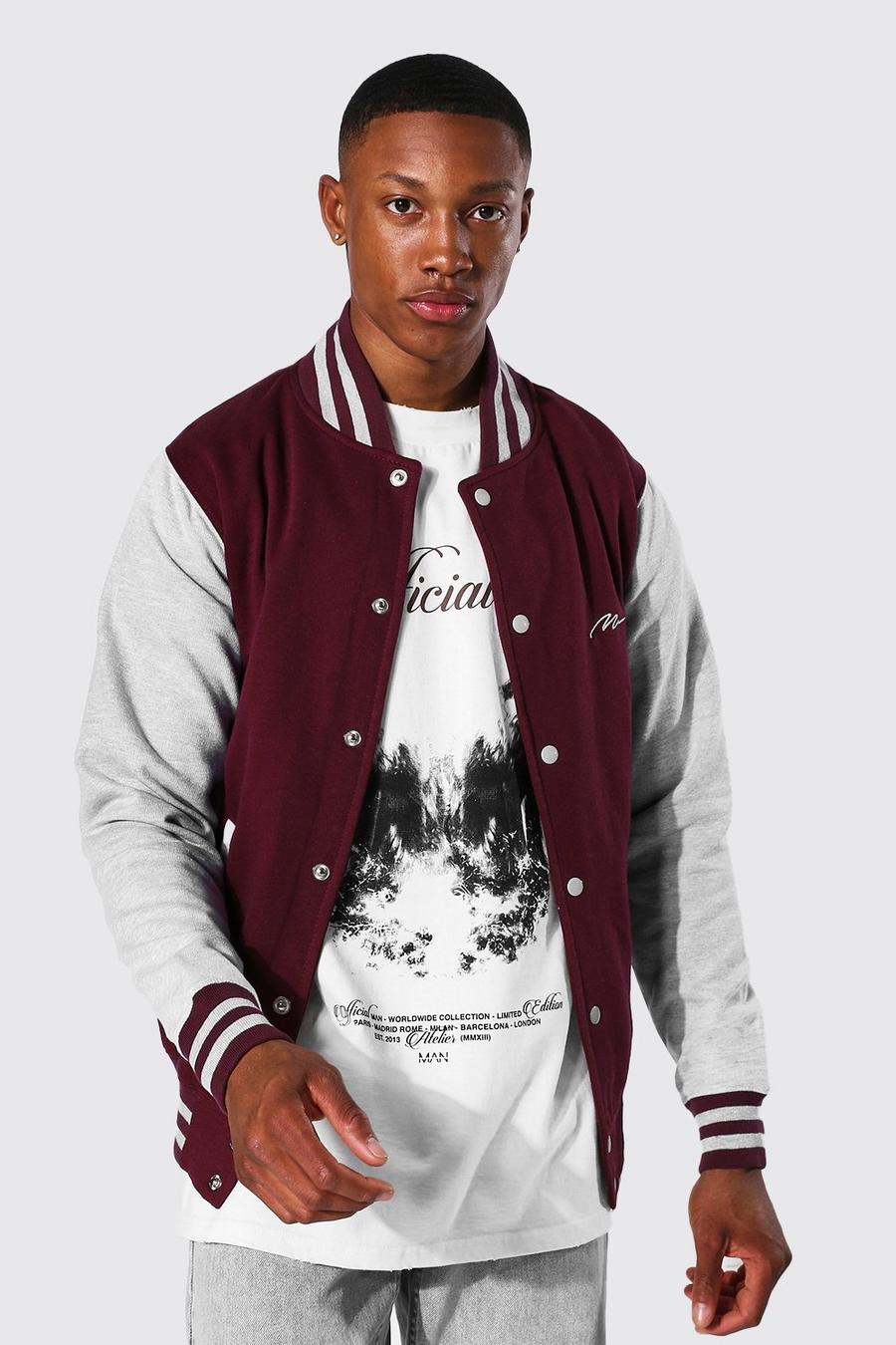 Bomber stile varsity in jersey con firma MAN, Bordeaux image number 1