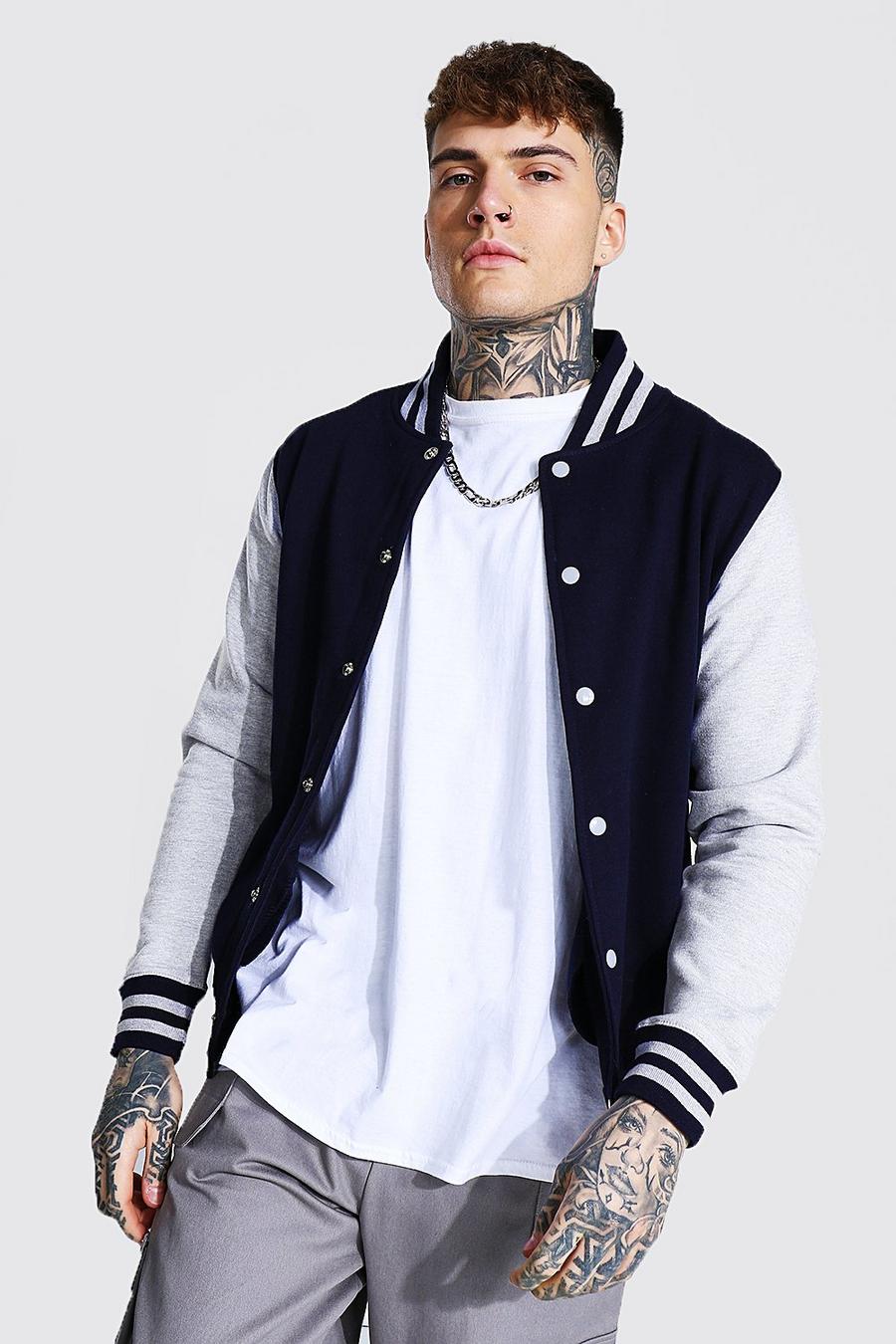 Bomber in stile varsity in jersey a coste sportive, Blu oltremare image number 1