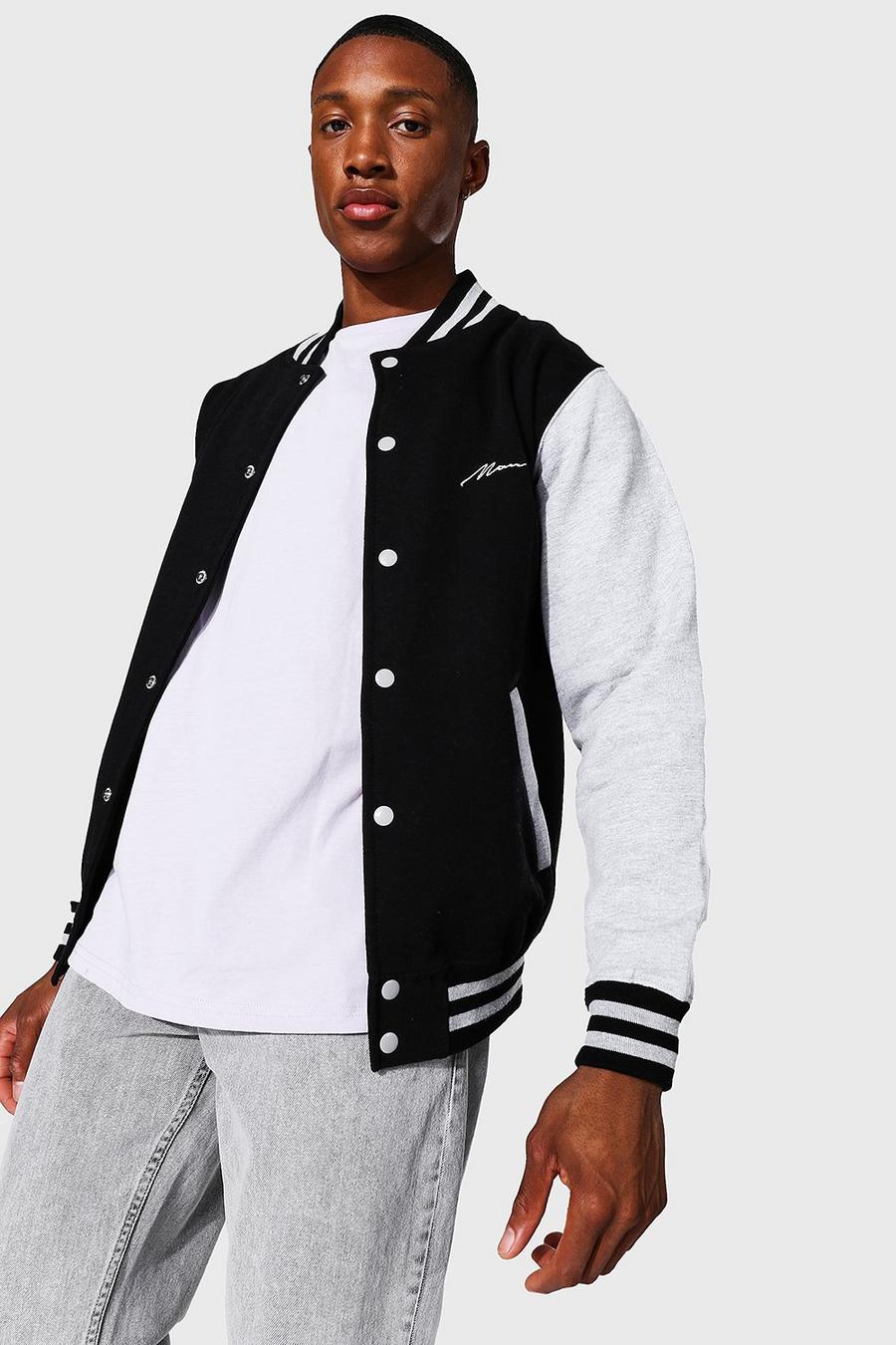 Bomber stile varsity in jersey con firma MAN, Nero image number 1