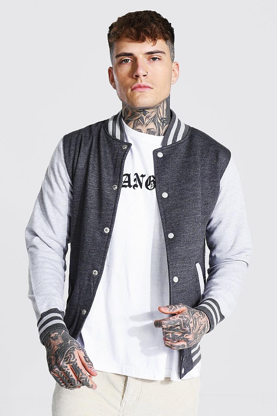 Charcoal Jersey Varsity Bomber Jacket With Sports Rib image number 1
