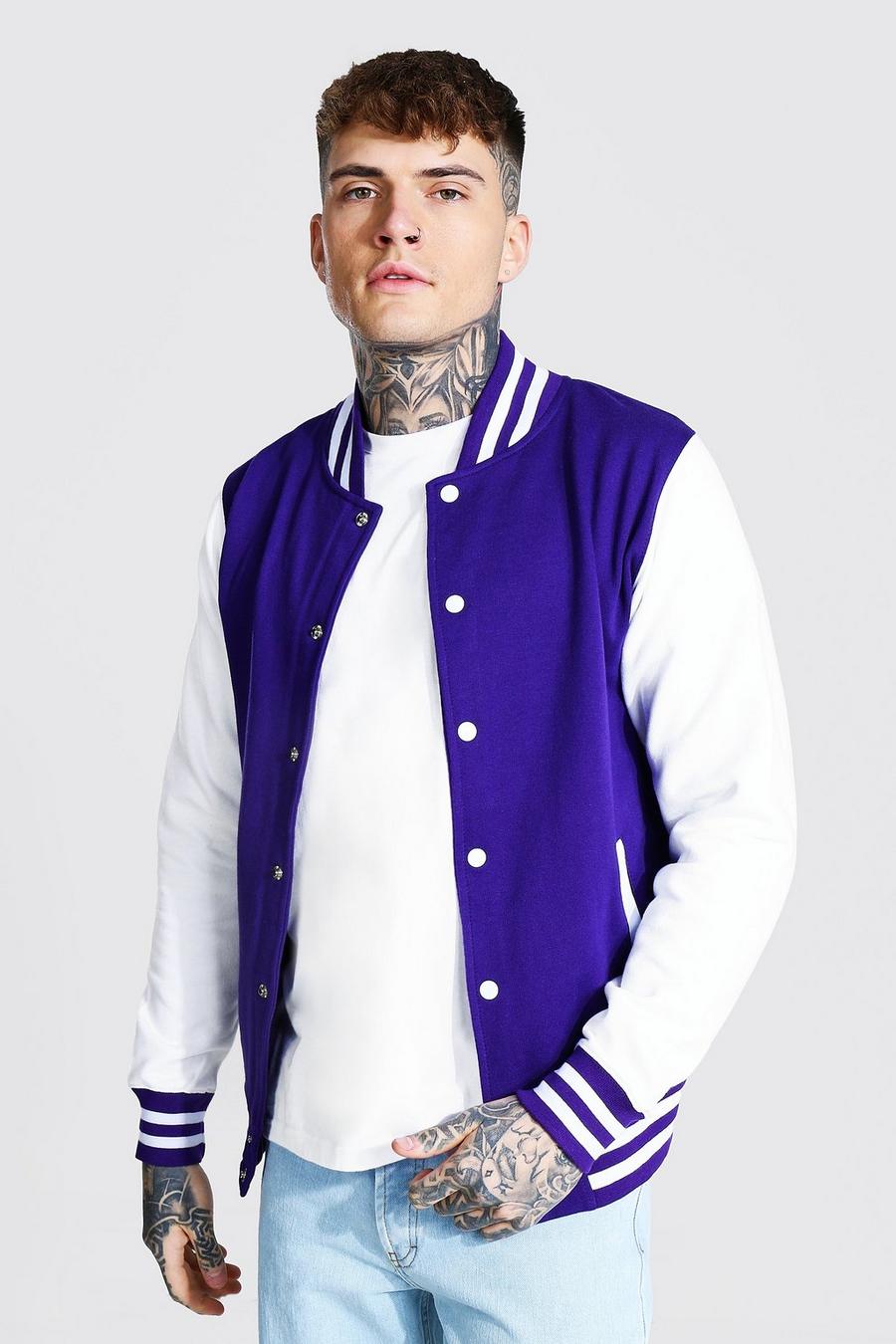 Bomber in stile varsity in jersey a coste sportive, Viola image number 1
