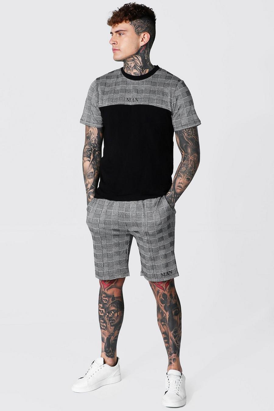 Black Man T-Shirt Met Jacquard Paneel En Shorts Set image number 1