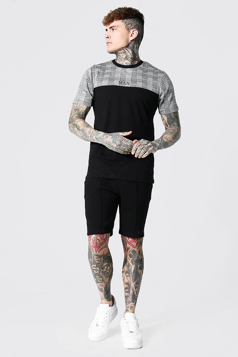 Black Man T-Shirt Met Jacquard Paneel En Shorts Set image number 1