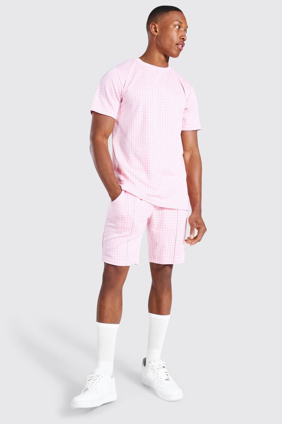 Pink Jacquard Dogtooth T-Shirt En Shorts Set image number 1