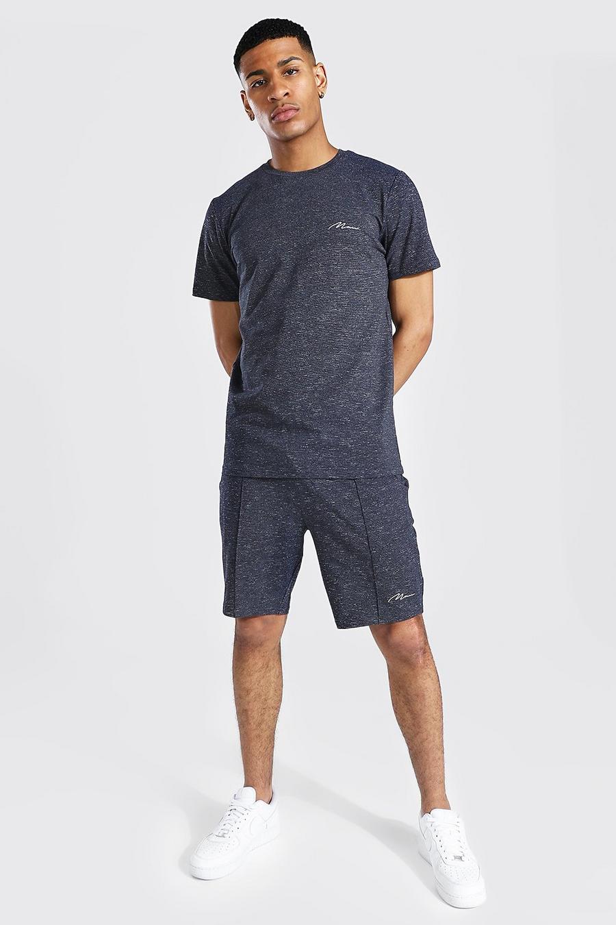 Navy Man Jacquard Gestreept T-Shirt En Shorts Set image number 1