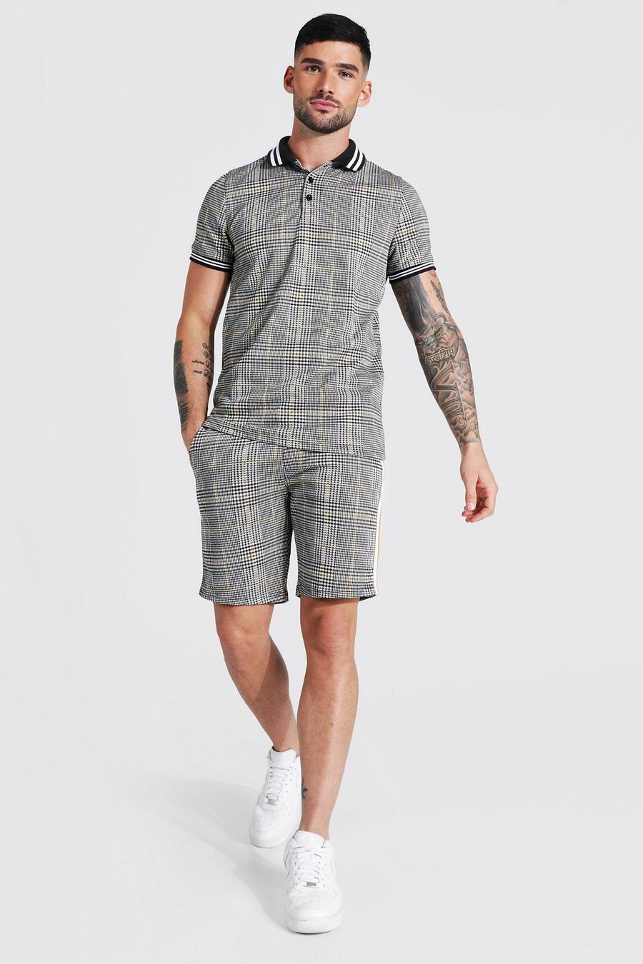 Kariertes Jacquard Poloshirt & Shorts mit Streifen, Grey image number 1