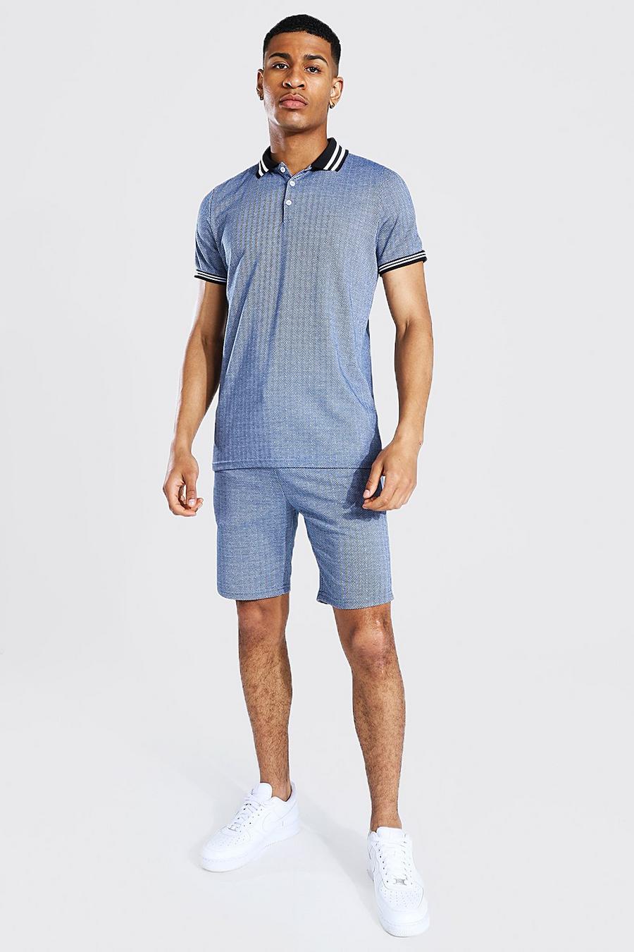 Blue Jacquard Polo And Short Set With Tape image number 1