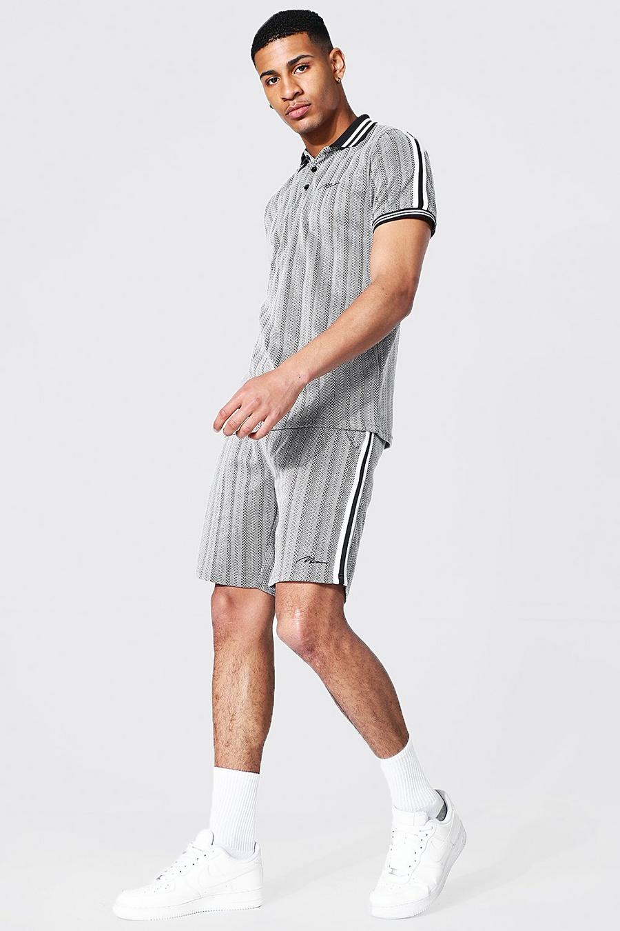 Grey Man Jacquard Polo And Short Set With Tape image number 1