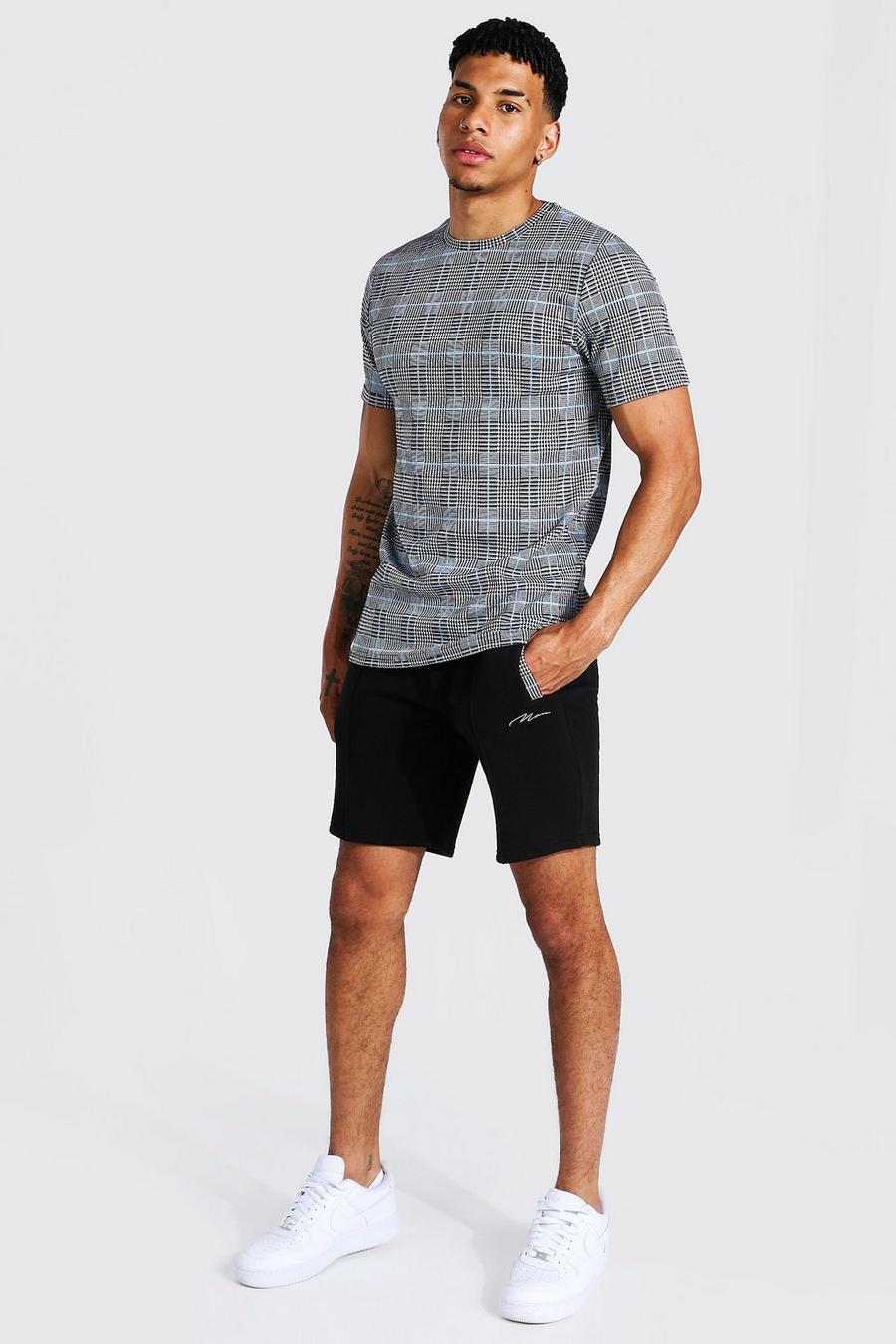 Man Set aus Jacquard-T-Shirt und Shorts mit Biesen, Blau image number 1