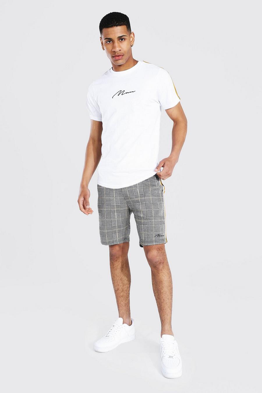 T-shirt e pantaloncini coordinati a quadri pied-de-poule e striscia laterale, Mustard image number 1