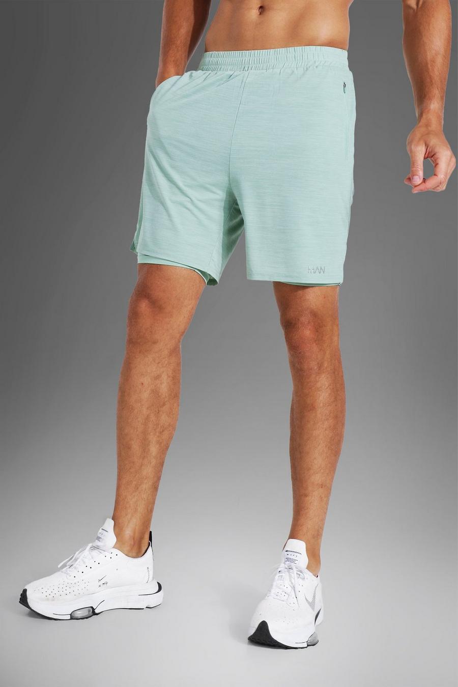 MAN Active leichte, melierte 2-in-1 Shorts, Tall Size, Minzgrün image number 1