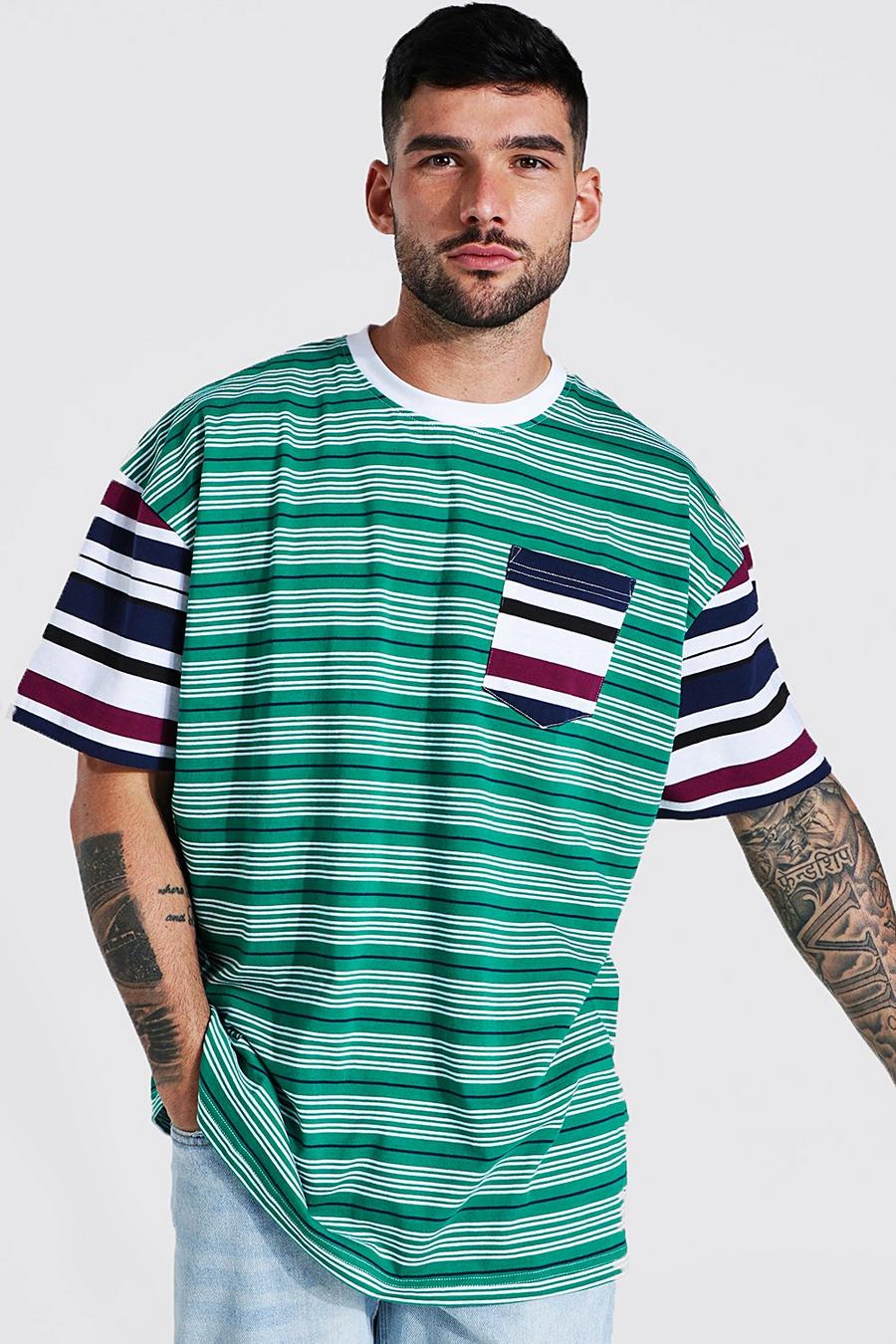 T-shirt oversize a righe a sezioni, Verde image number 1