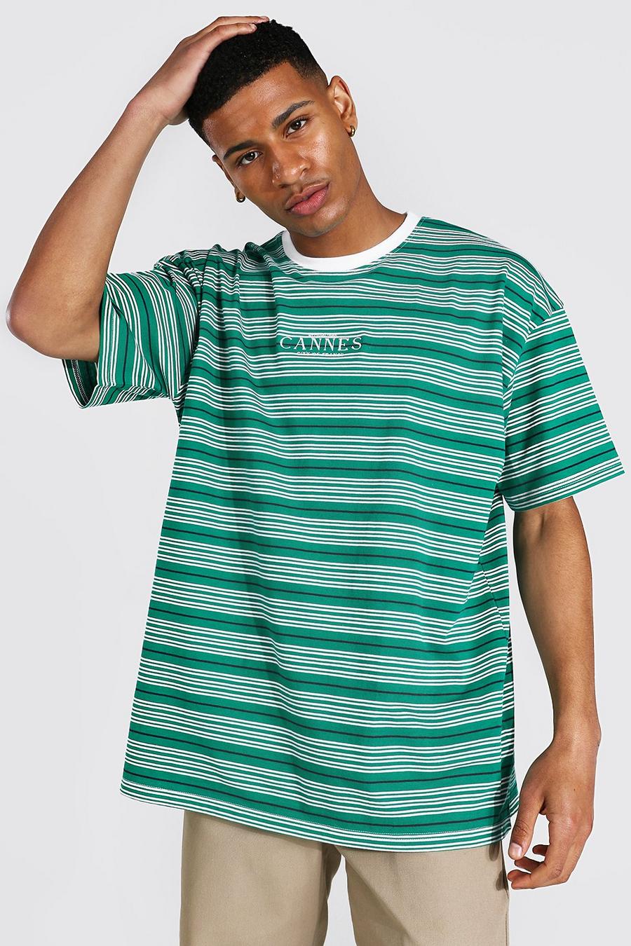 Camiseta oversize de rayas con bordado de Cannes, Green image number 1