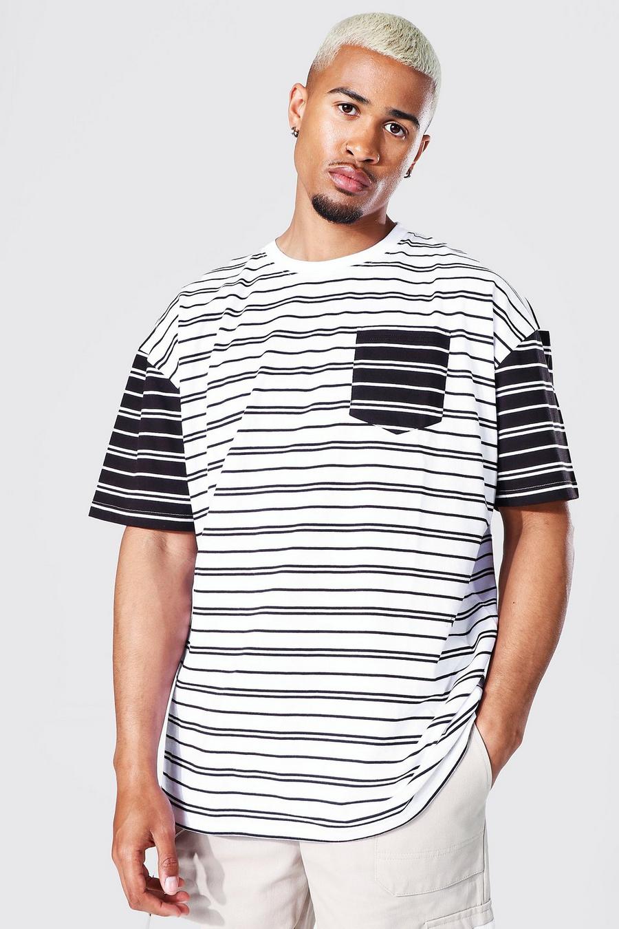 Black Oversized Spliced Stripe T-shirt image number 1