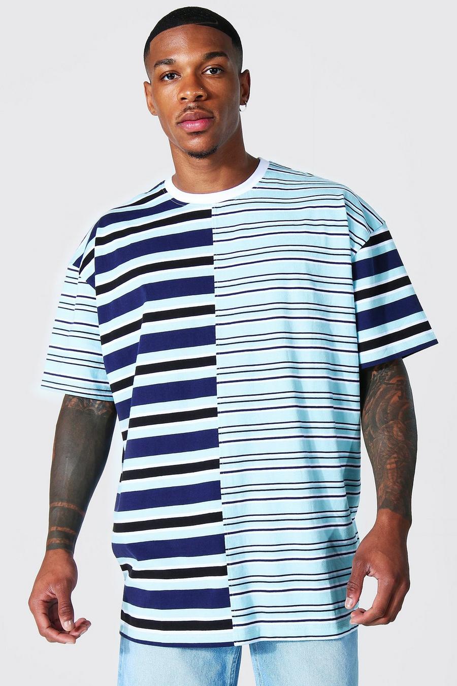 Blue Oversized Spliced Stripe T-shirt image number 1