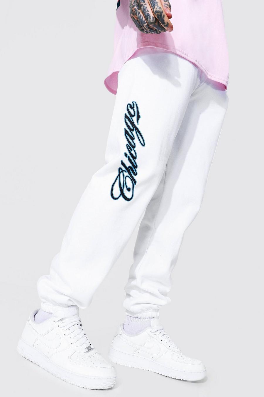 לבן מכנסי טרנינג עם הדפס Chicago בסגנון נבחרת ספורט בגזרה רגילה image number 1