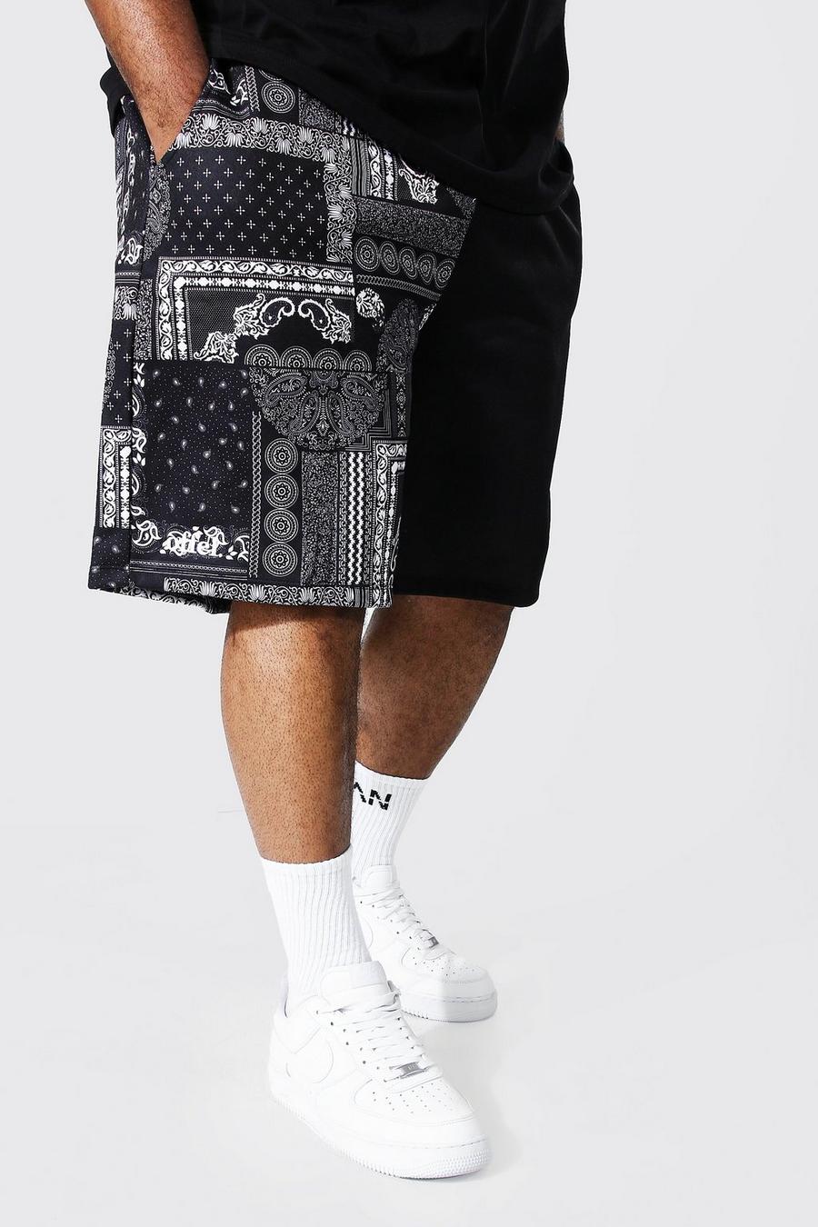 Black Plus Size Loose Spliced Bandana Jersey Shorts image number 1