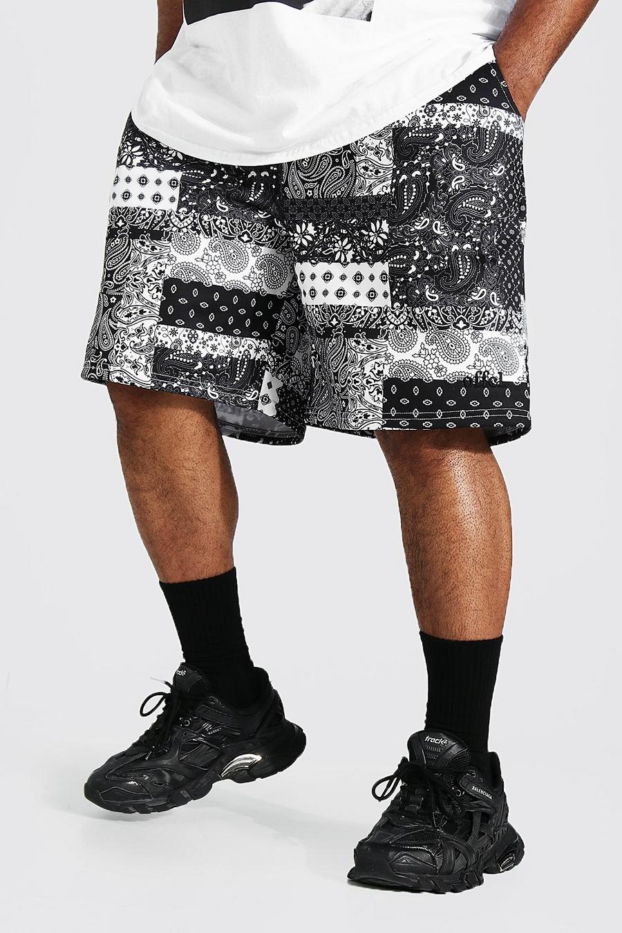 Black Plus Size Jersey Core Shorts Met Bandana Patches image number 1