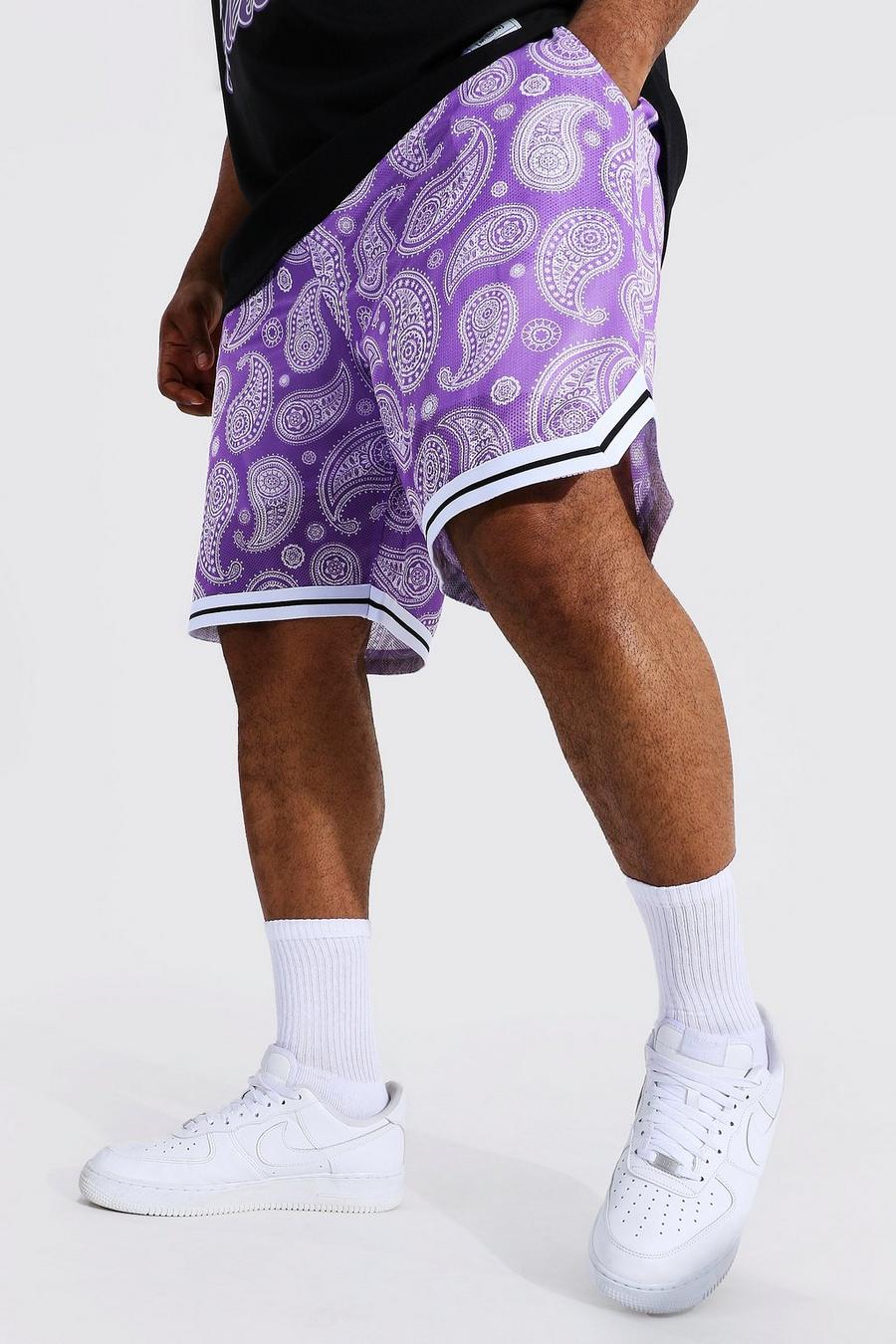 Purple Plus Size Mesh Bandana Basketball Shorts image number 1