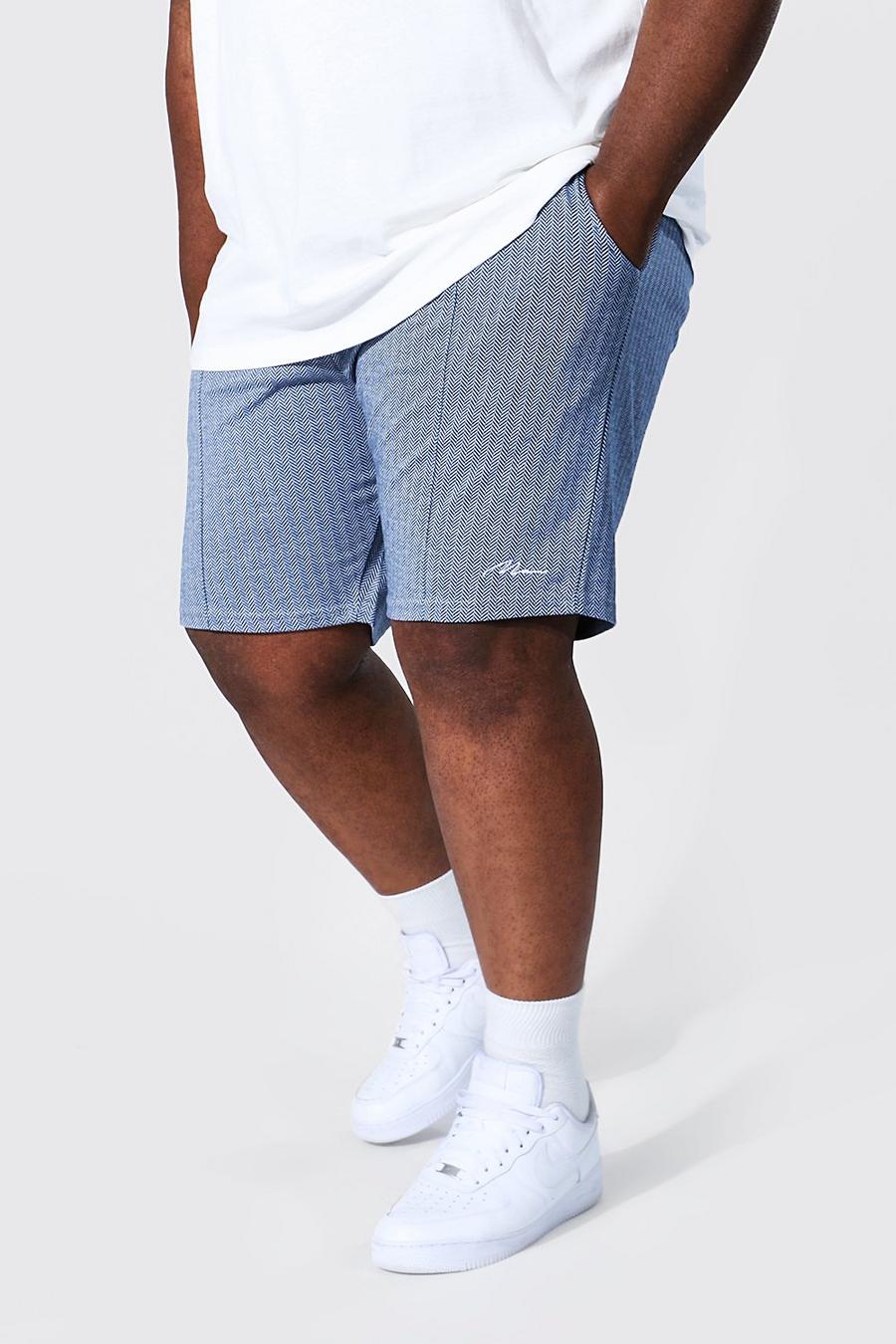 Blue Plus Size Herringbone Slim Fit Jacquard Man Shorts image number 1