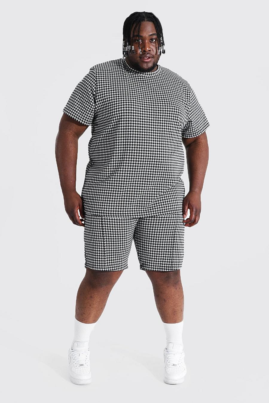 Black Plus Size Dogtooth Jacquard T-Shirt En Shorts Set image number 1