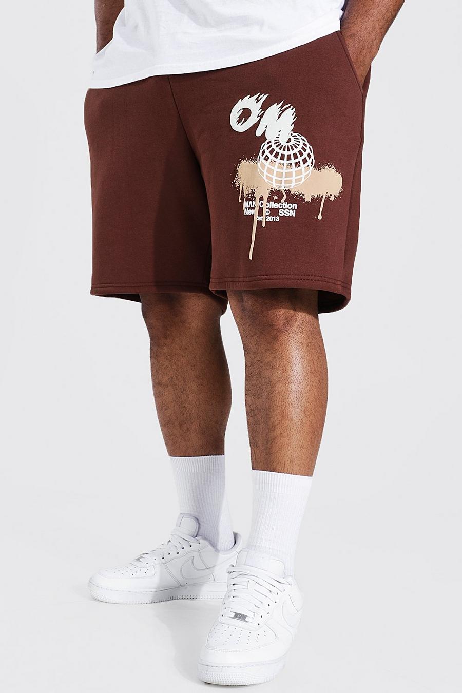 Pantaloncini Plus Size in jersey con stampa di graffiti, Cioccolato image number 1