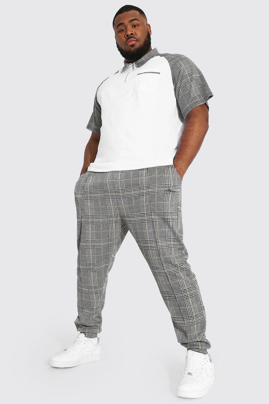 חרדל סט מכנסי ריצה וחולצת פולו רגלן ג'קארד עם כיתוב Man למידות גדולות image number 1