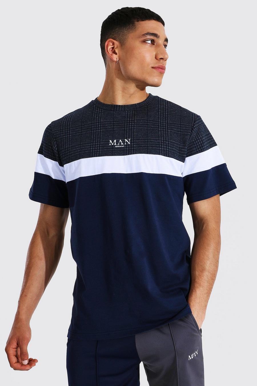 Navy Man T-Shirt Met Tekst En Jacquard Paneel image number 1