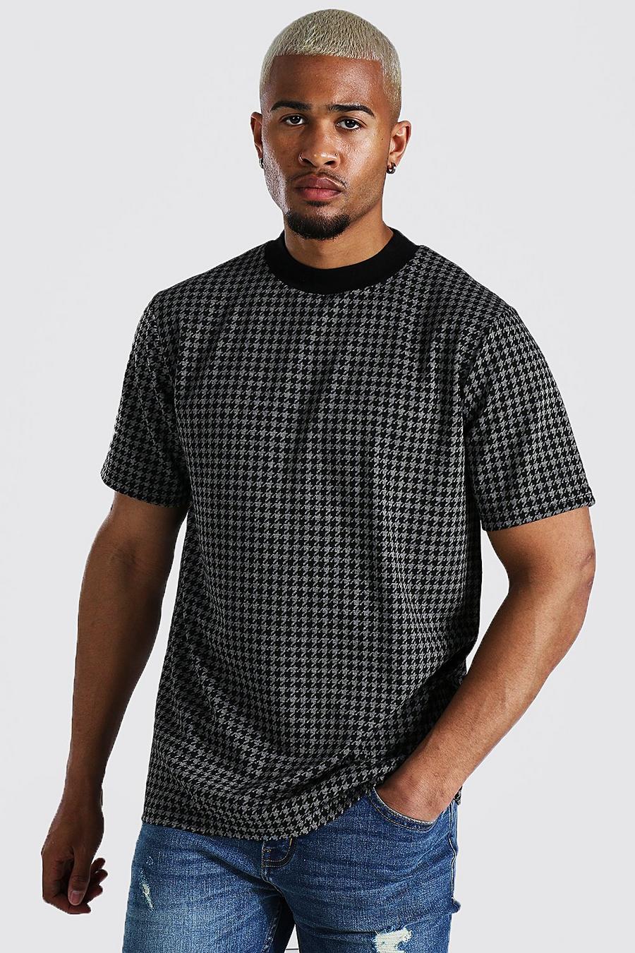 Black Extended Neck Jacquard Contrast Collar T-shirt image number 1