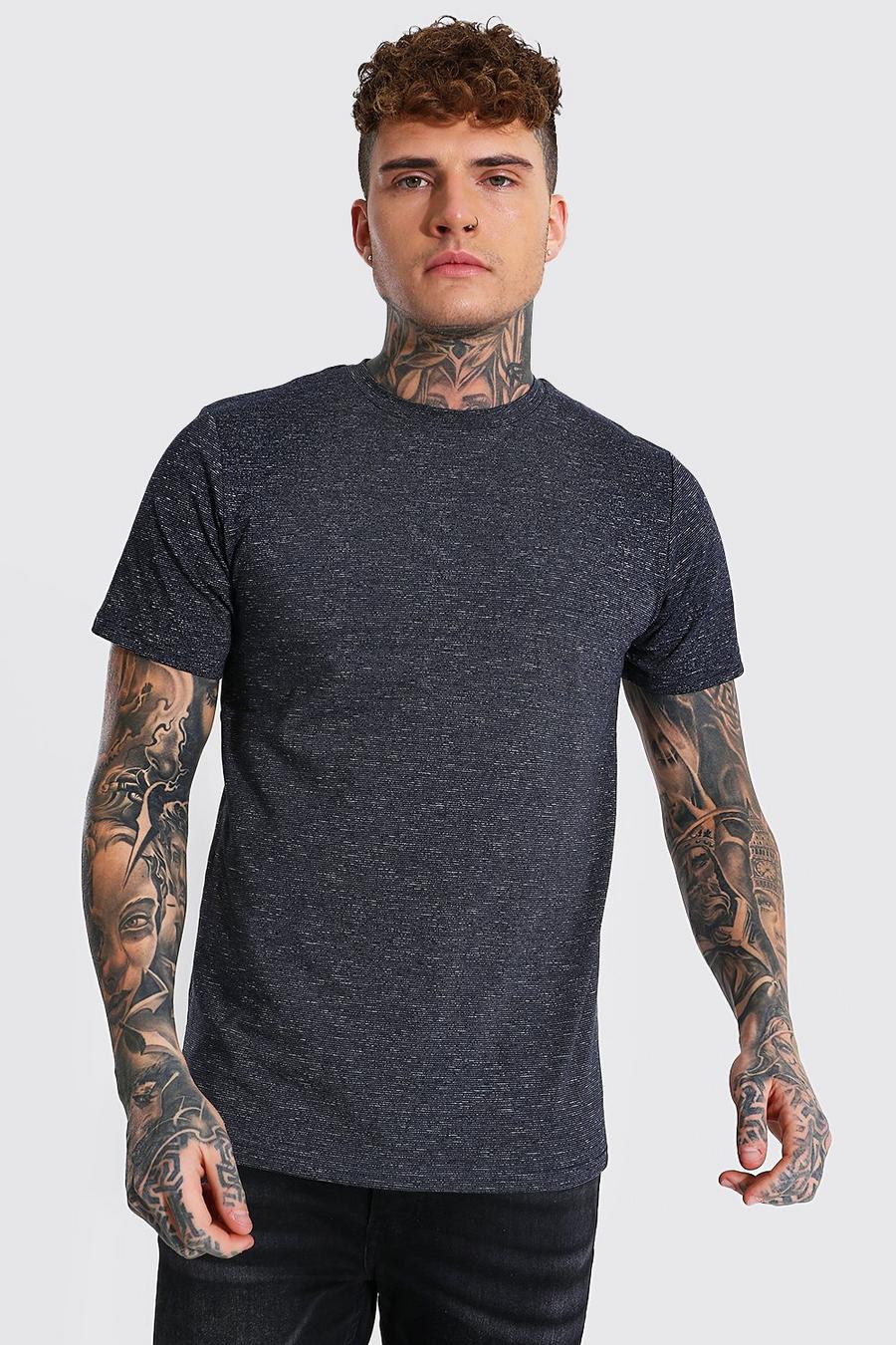 Slim Fit Jacquard T-Shirt mit Streifen, Navy image number 1