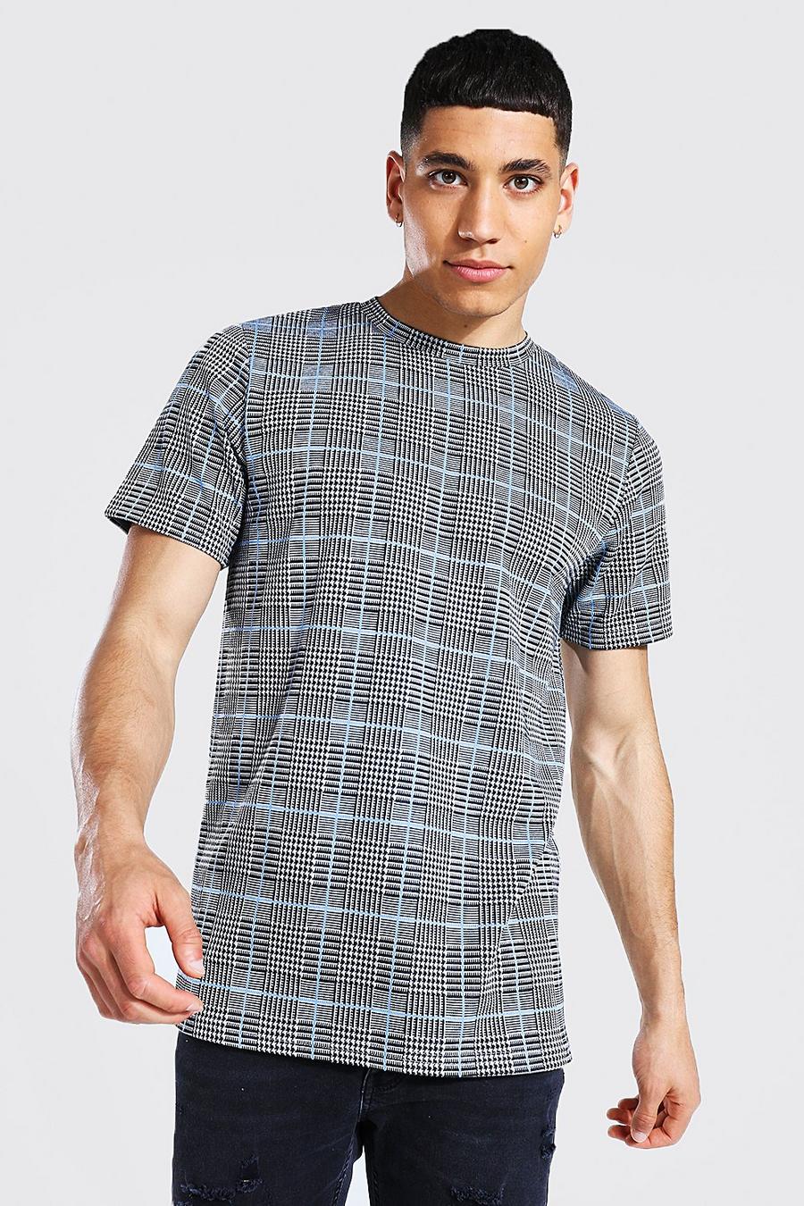 T-shirt slim fit a quadri in jacquard, Azzurro chiaro image number 1