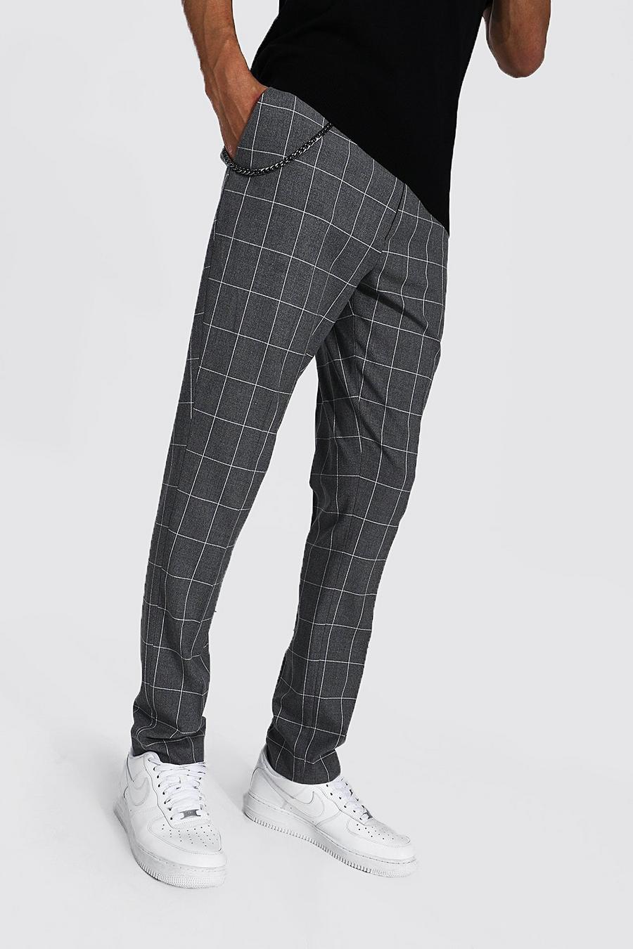 אפור מכנסי קרופ סקיני עם הדפס משבצות גדולות ושרשרת לגברים גבוהים image number 1