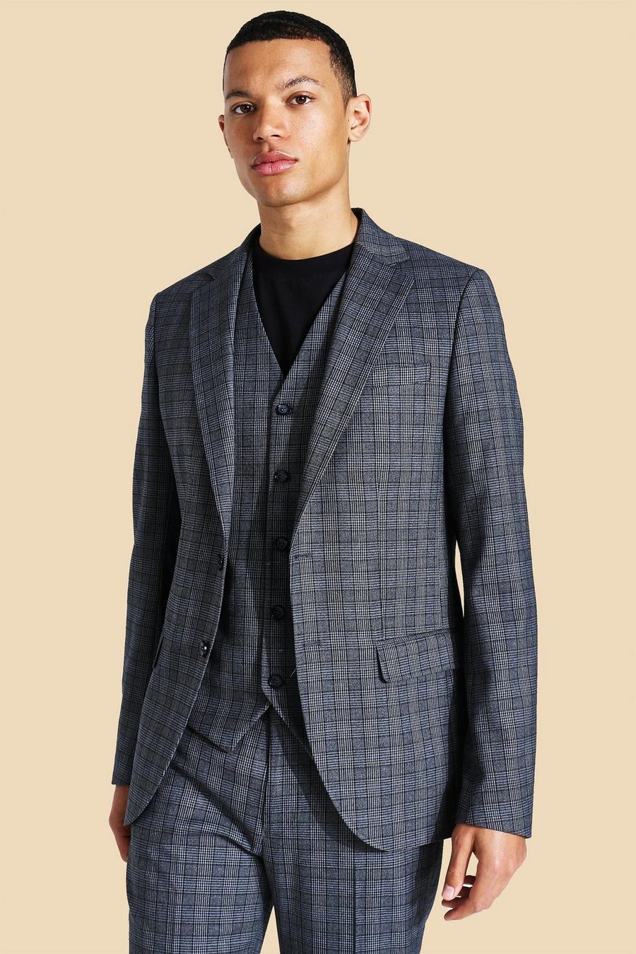אפור gris ז'קט חליפה בגזרה צרה עם הדפס משבצות ורכיסה אחת לגברים גבוהים