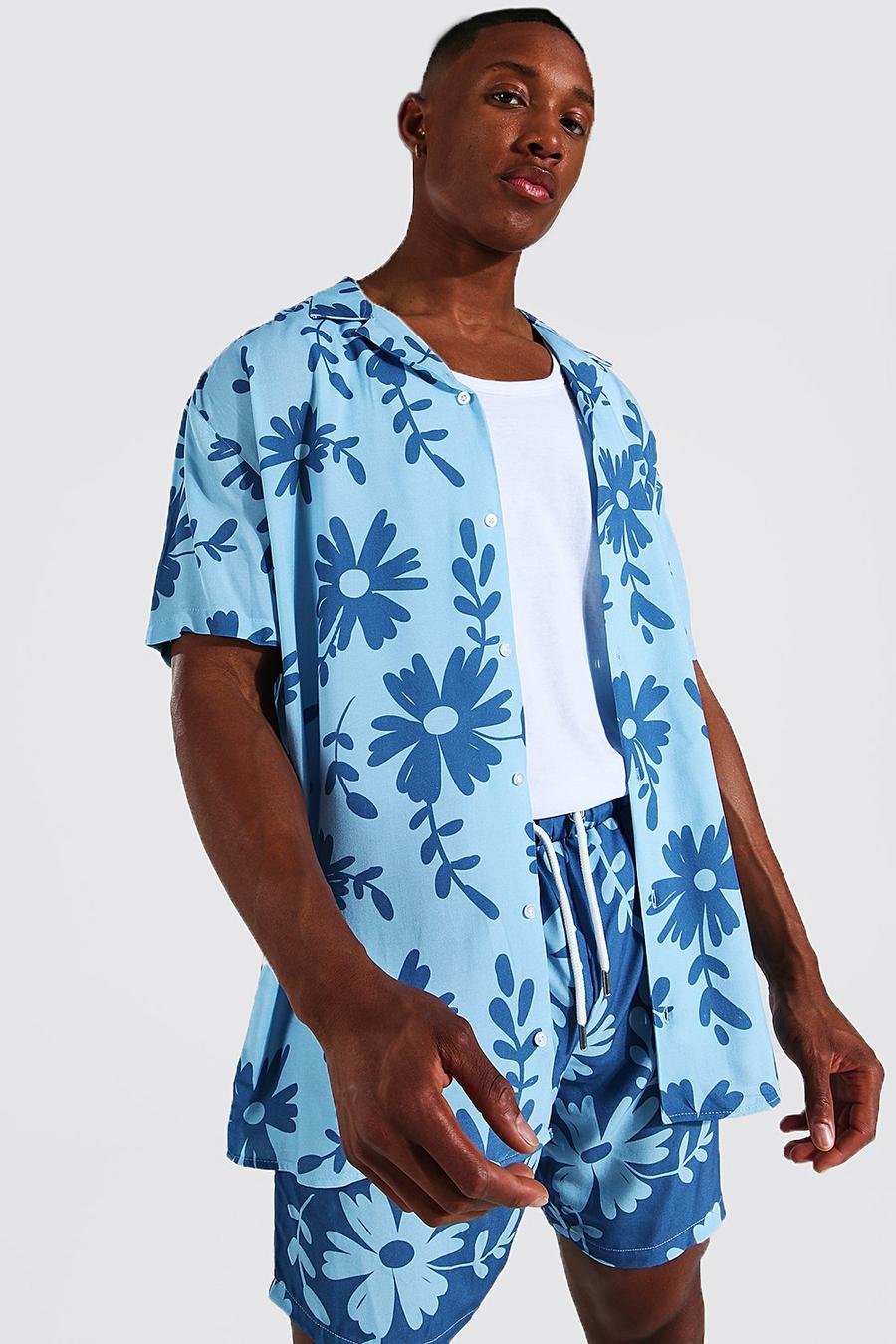 Light blue Oversized Short Sleeve Viscose Floral Shirt image number 1
