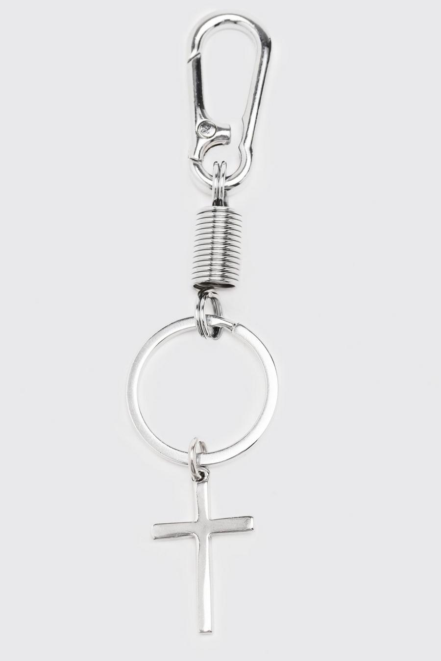 Silver Nyckelring med karbinhake och kors image number 1