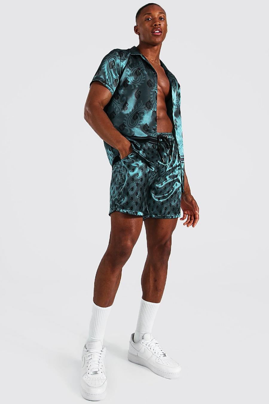 Set aus Satin-Shorts und kurzärmligem Hemd mit Paisley-Print, Petrol vert image number 1
