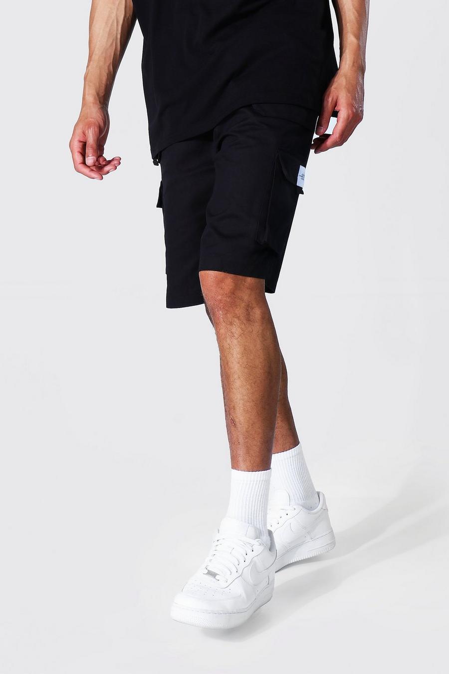 Black Tall Twill Cargo Shorts With Man Badge image number 1