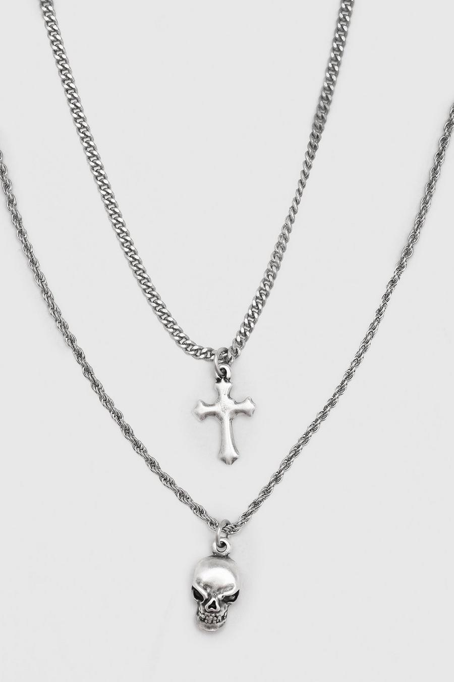 Collana a due fili con pendenti a croce e teschio, Silver image number 1