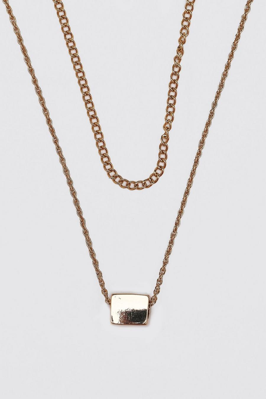 Gold Double Layer Chain With Cube Pendant image number 1